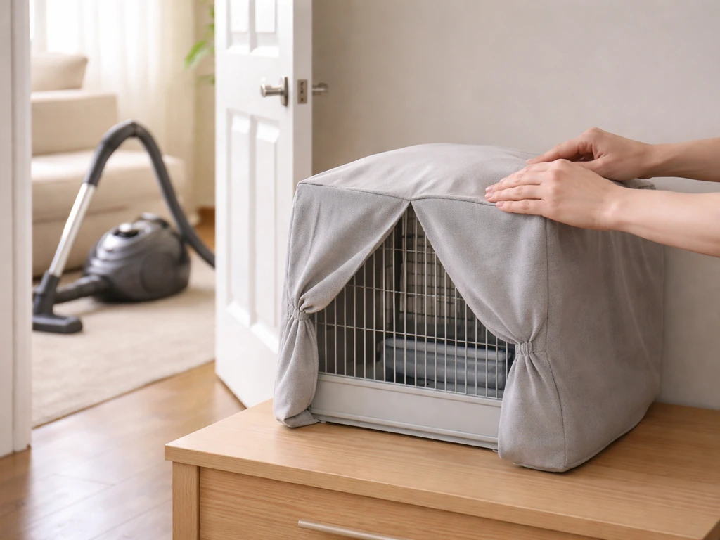 A covered bird carrier is shut while a vacuum waits in another room, showing separation before air settles.
