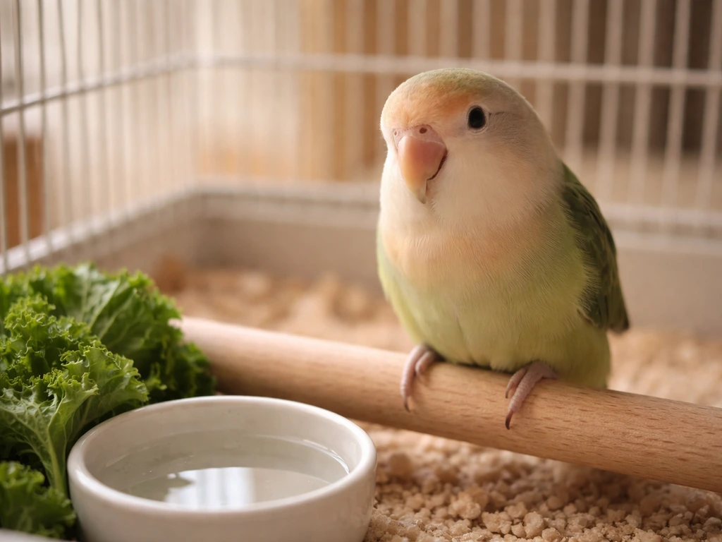 A small pet bird perched beside fresh greens and a clean water dish inside a tidy cage.
