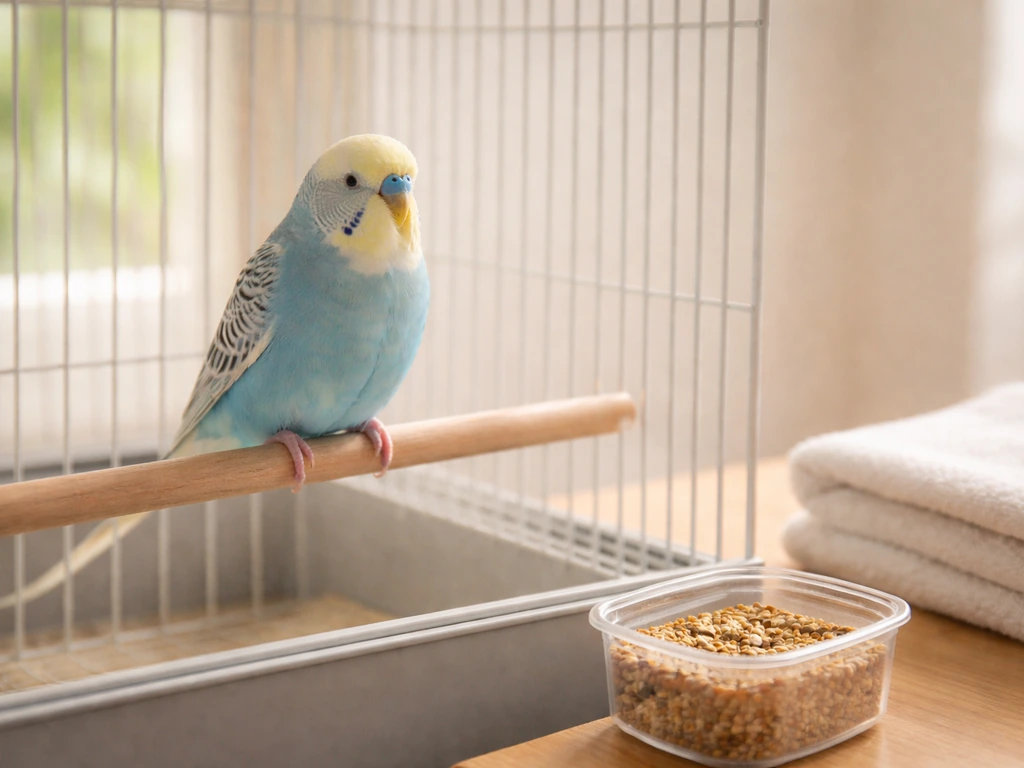 A budgerigar perched in a simple cage with basic supplies nearby in soft natural light.