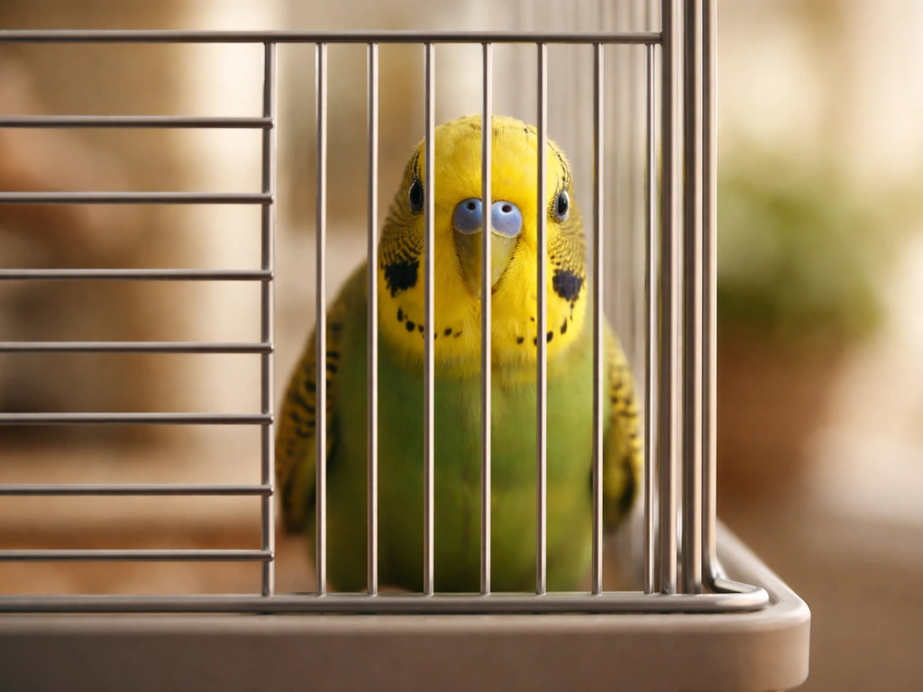 Close-up of a small bird cage with narrow bars and a budgie-looking bird safely behind them.
