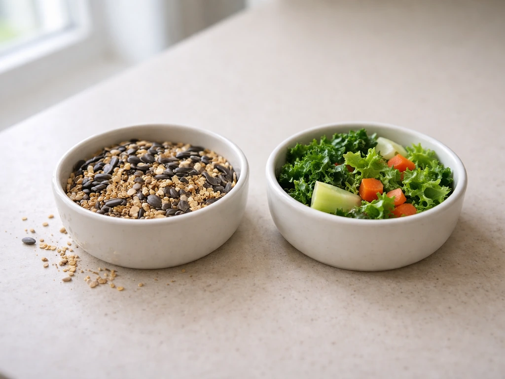 Two bowls on a counter showing seed-only mix beside fresh chopped leafy greens for bird feeding.