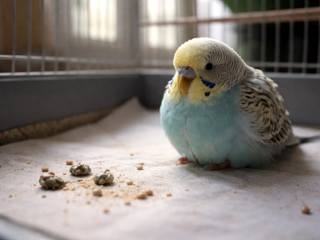 Lethargic parakeet with puffed feathers and visible watery droppings on the cage floor, urging urgent action.