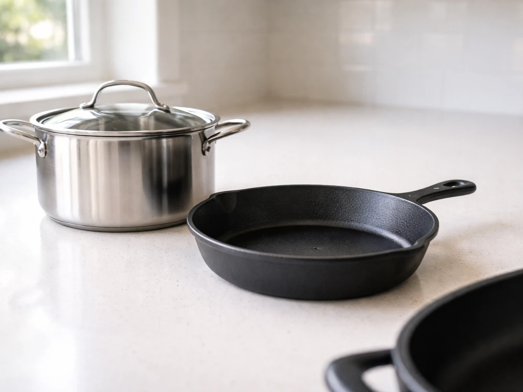 Stainless steel pot and cast iron skillet on a kitchen counter, with a dark nonstick pan implied at the edge