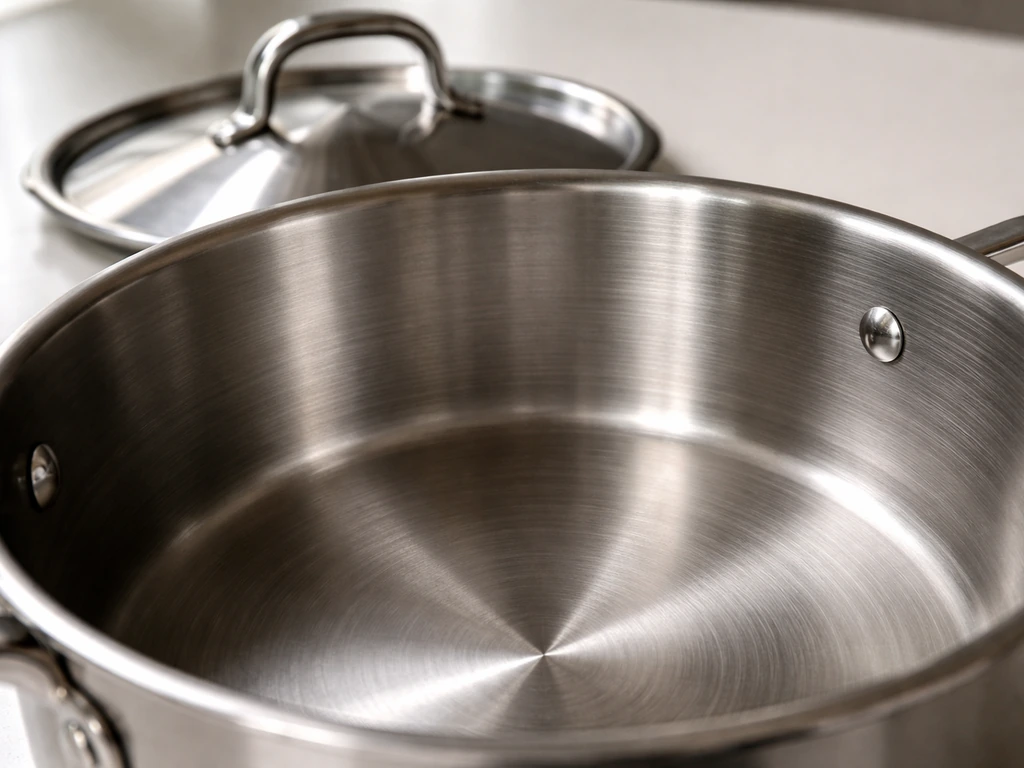 Close-up of brushed stainless-steel cookware lid and pot rim, highlighting uncoated cooking surface