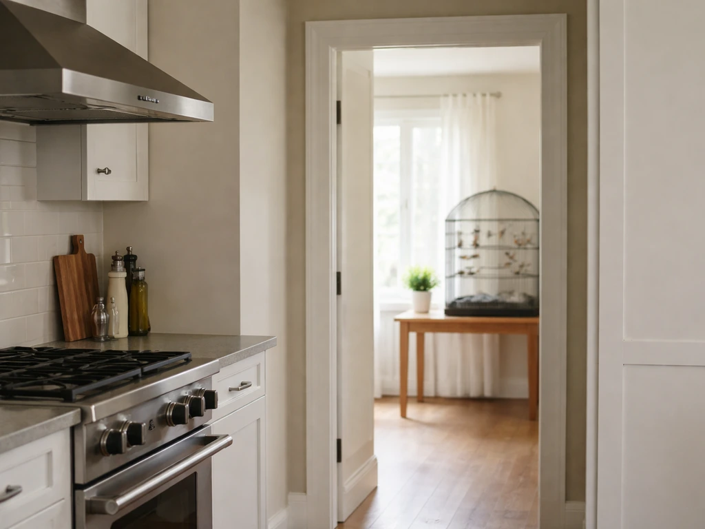 Clean kitchen with stove in foreground and a bird cage visible in a separate adjacent room doorway.