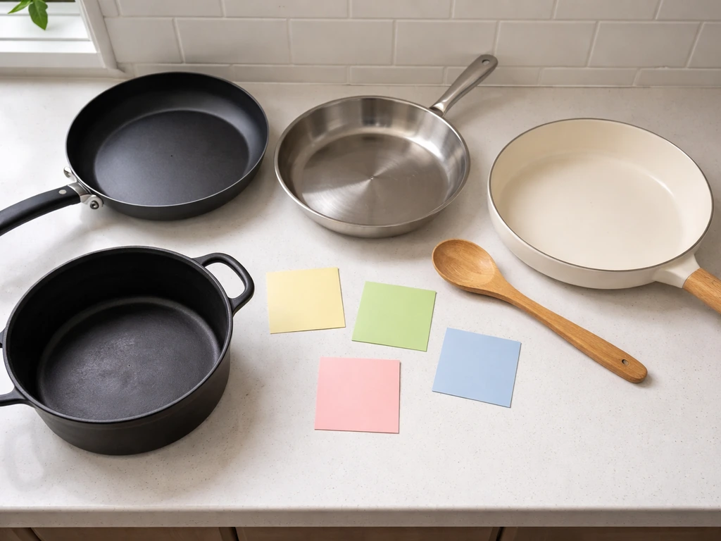 Overhead view of mixed cookware and blank reminder cards on a kitchen counter for a bird-safe audit.