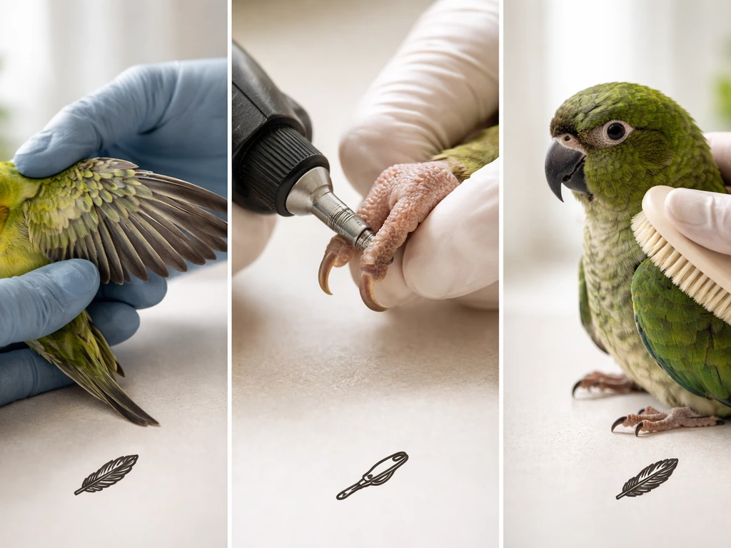 Three-panel style photo of a pet bird grooming setup: wing clipping, nail trim, and feather grooming.