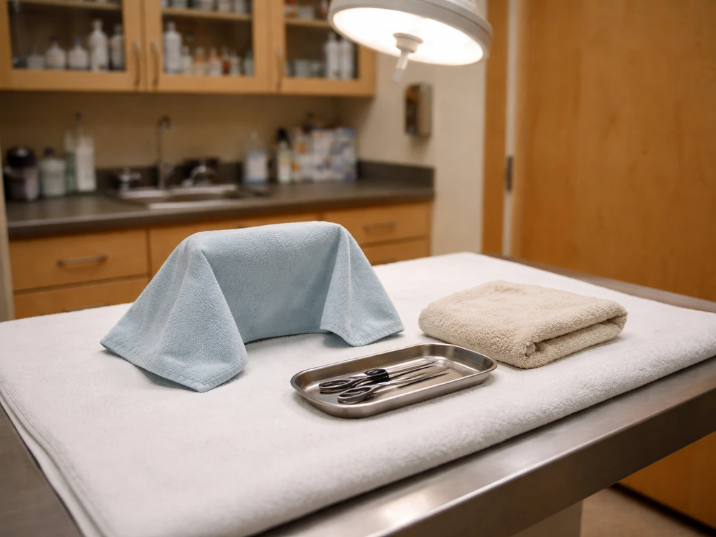 Minimal avian vet exam room with exam table and safe bird handling setup for wing clips and nail care.