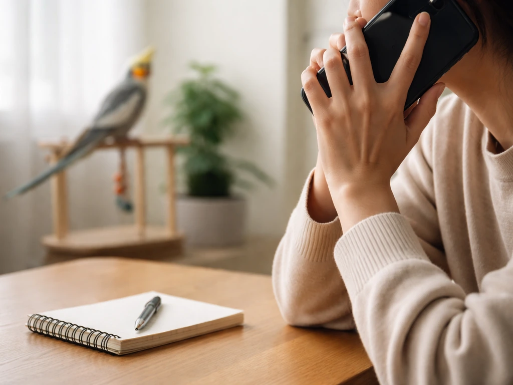 Person holding a smartphone and a notepad while making a call, with a small bird nearby at home.