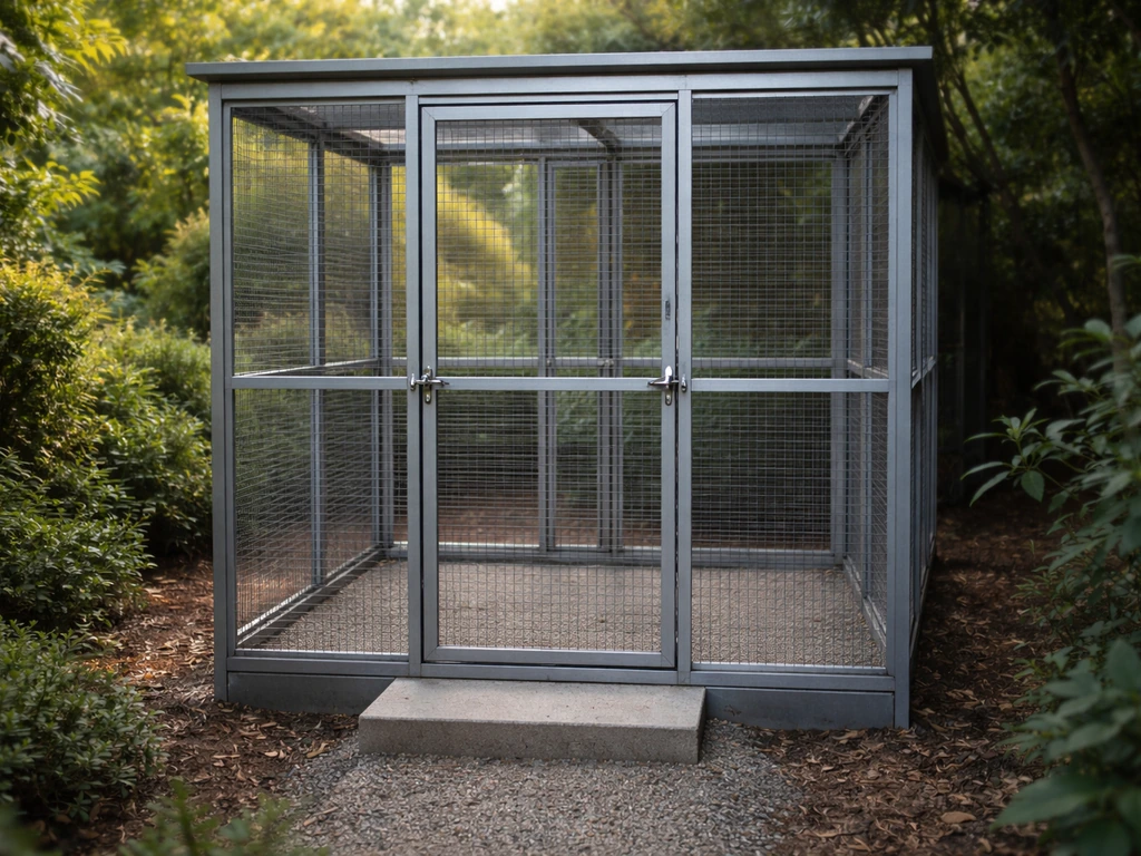 Exterior entrance of a bird aviary with a closed double-door safety vestibule and latches