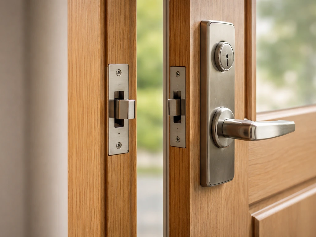 Close-up of a safety passageway door latch and lock on both inner and outer sides.