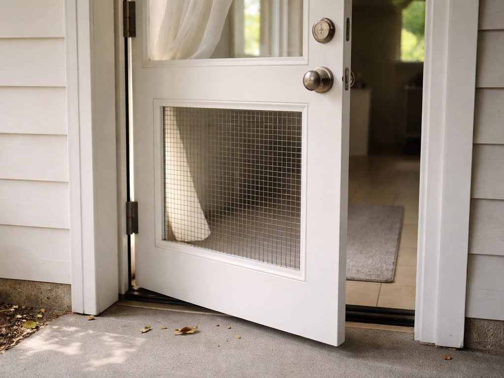 Outdoor door with a wire mesh insert letting light and airflow through while blocking debris