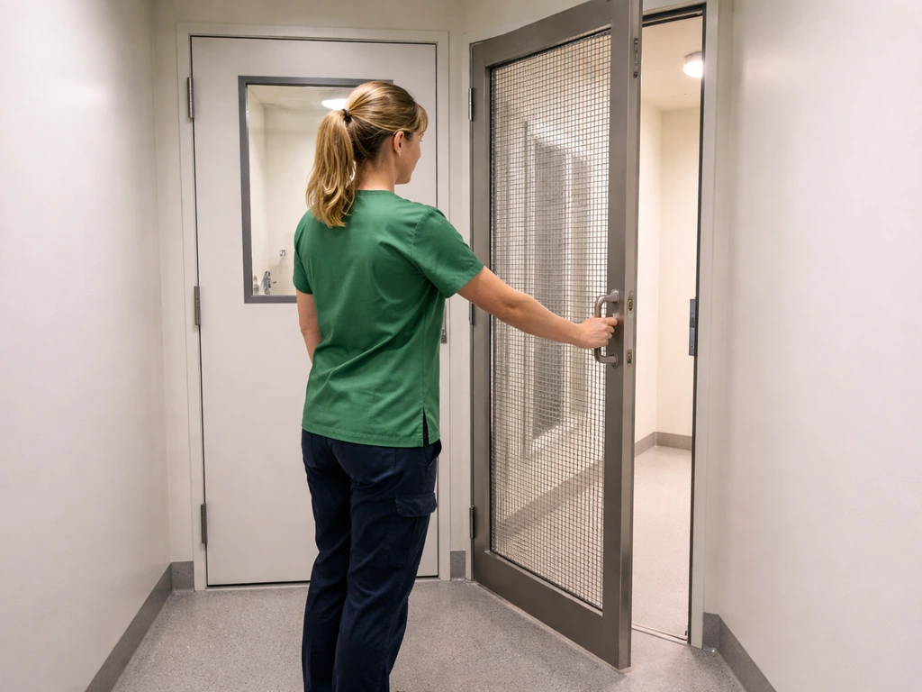 Person using a double-door safety vestibule, outer door closed before opening inner door