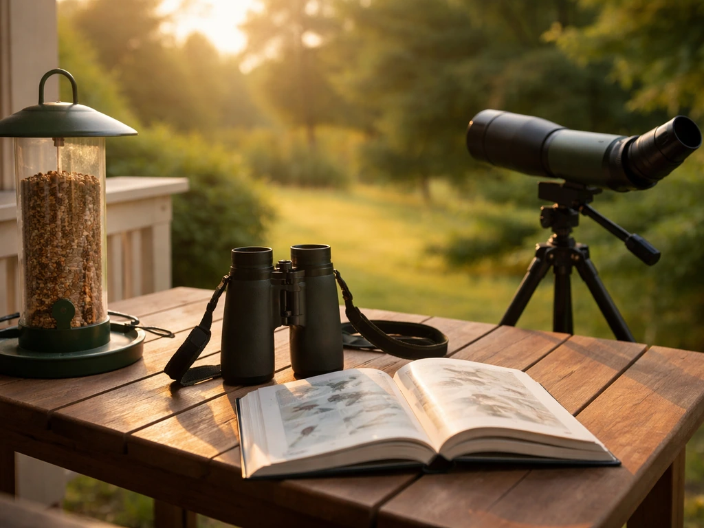 Beginner birdwatching essentials laid out: binoculars, field guide, feeder, and spotting scope on a porch table.