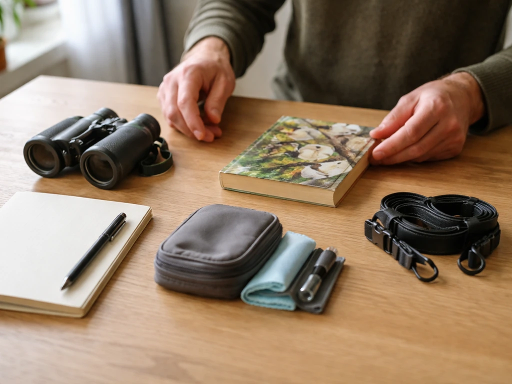 Person at a kitchen table sorting birding gift items into small categories, with notebook and binoculars