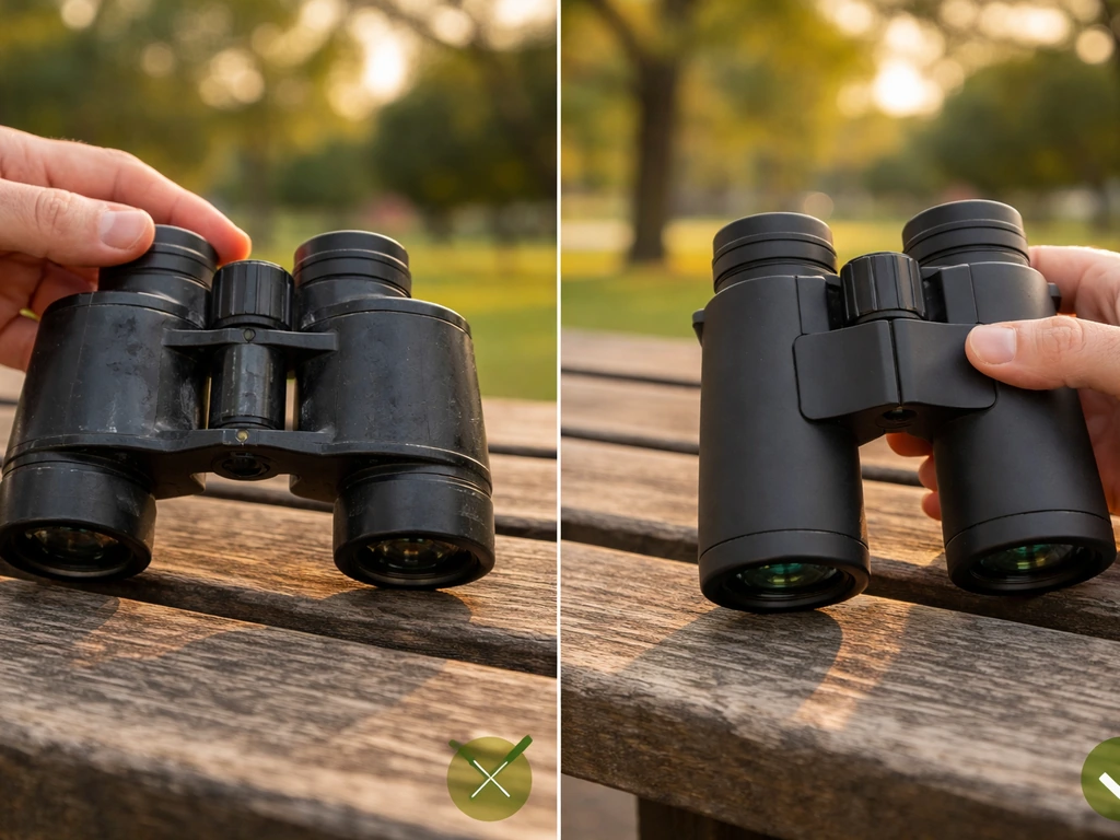 Close-up of two binoculars on a quiet bench: one cheap-looking with loose focus, one crisp 8x42 style