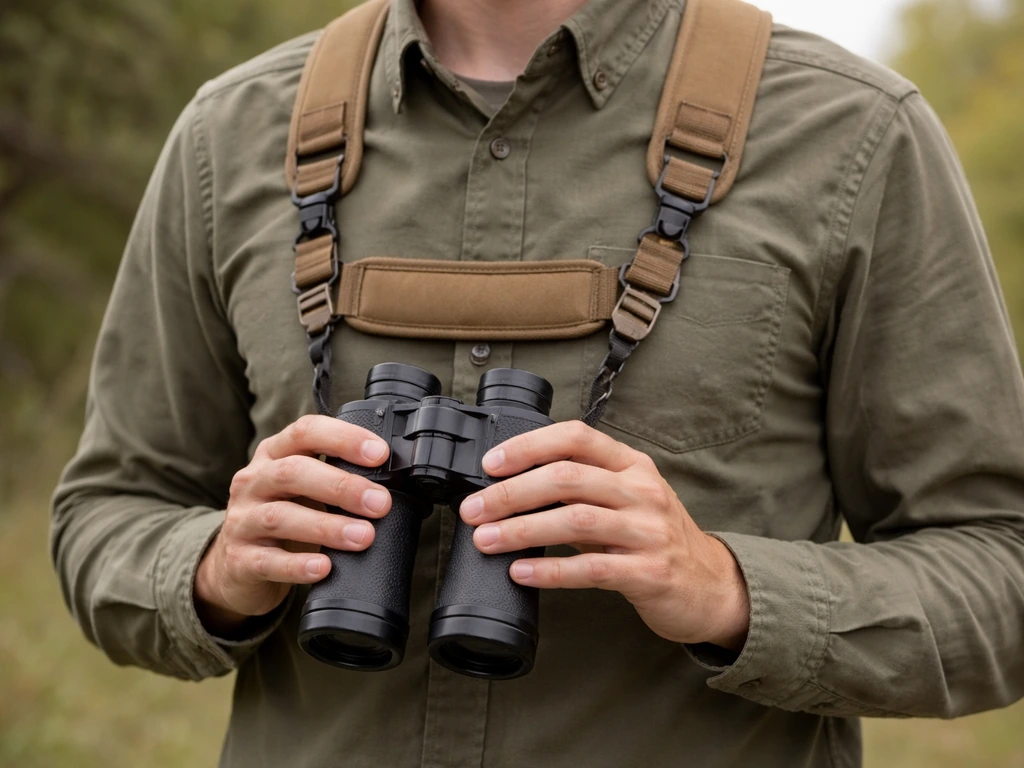 Person wearing a padded binocular harness while holding binoculars outdoors, face not visible.
