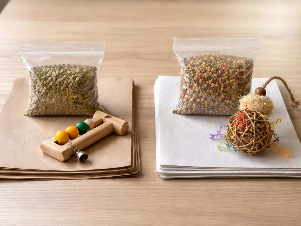 Tabletop with simple bird-keeper starter items arranged for a category comparison