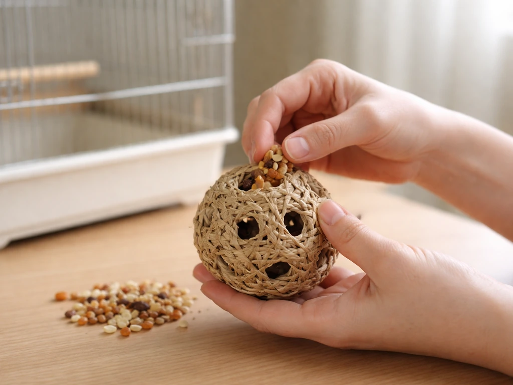 Hands stuffing a bird-safe foraging toy with treats, then placing it near an empty bird cage.