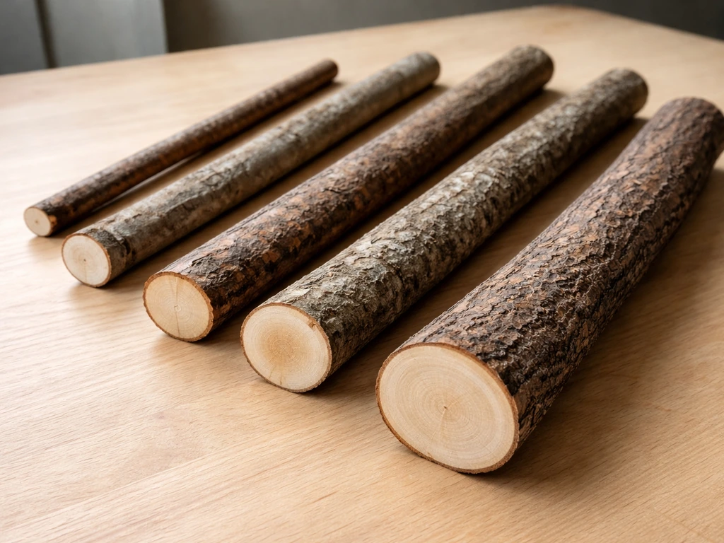 Natural wood bird perches of different diameters laid out clearly for comparison.