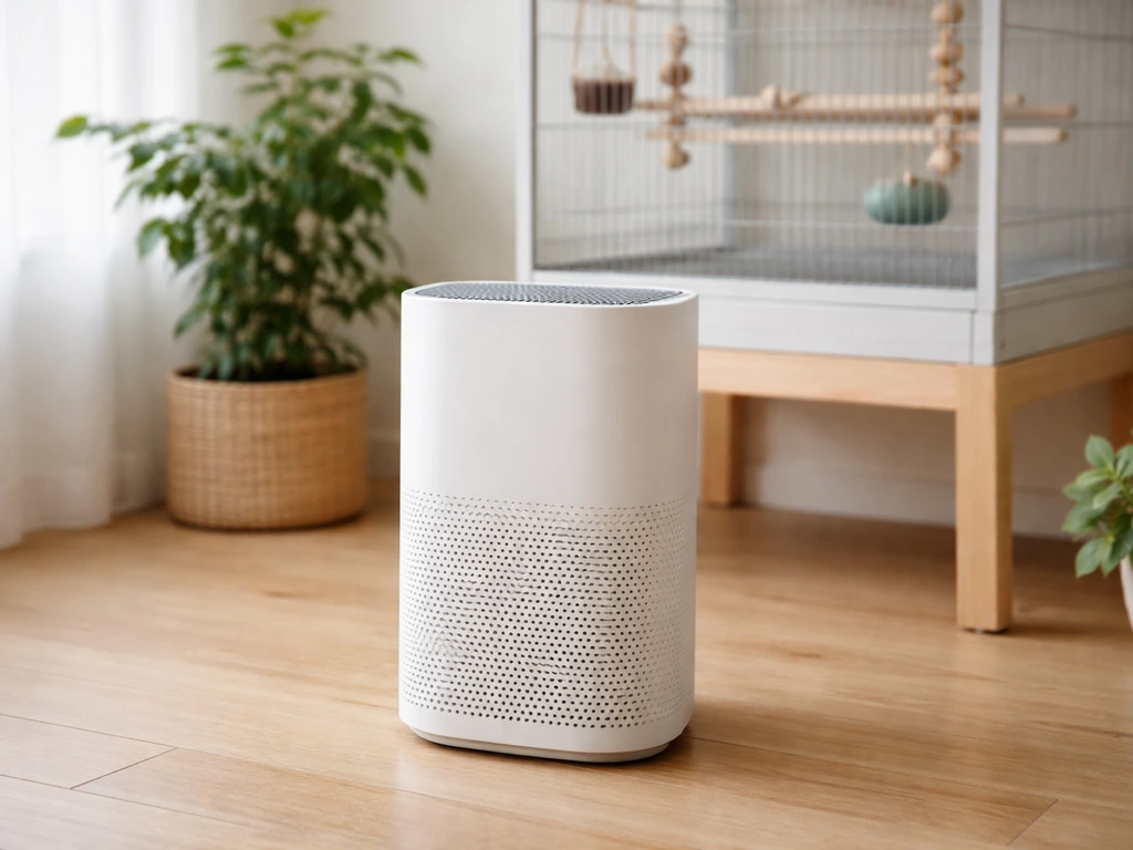 HEPA air purifier in a tidy bird-room corner with a perch and cage softly blurred in the background.