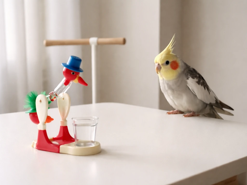 Small pet bird perched in a calm home setting watching a drinking bird toy move safely.