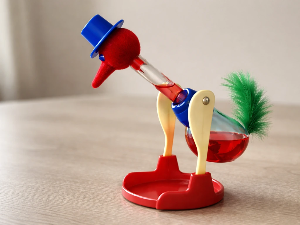 Close-up of a classic drinking bird toy’s felt reservoir, glass tube, and base bobbing mechanism