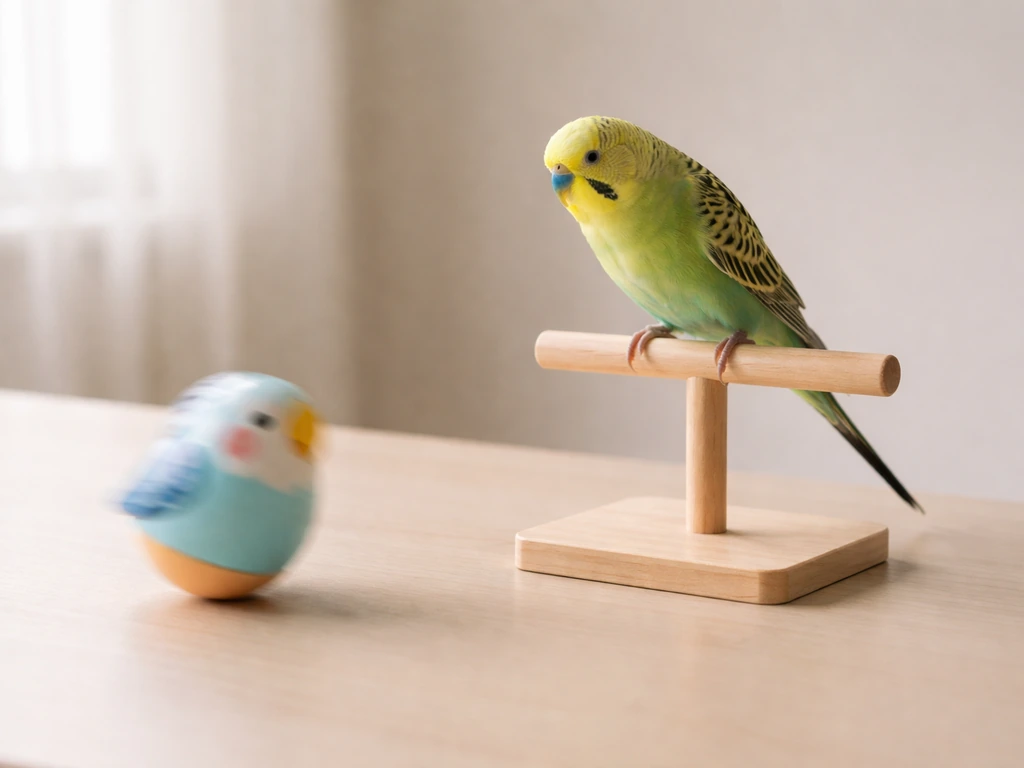 An indoor pet bird watching a small toy that bobs repeatedly, showing focused curiosity.