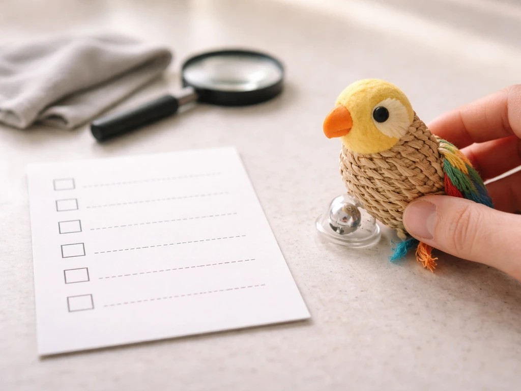 Close-up of a bird toy on a safe surface with a safety checklist laid beside it