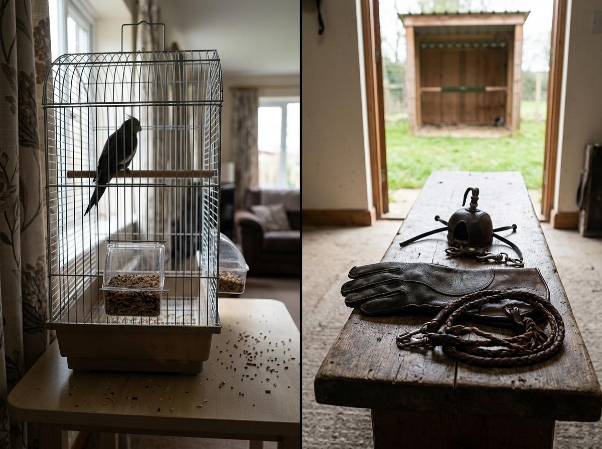 Side-by-side comparison of a pet bird cage and falconry mews setup