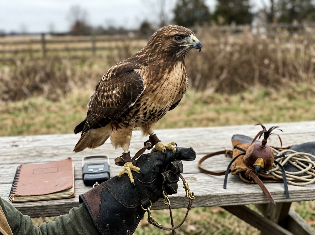 Red-tailed hawk on a glove with falconry jesses and hood nearby