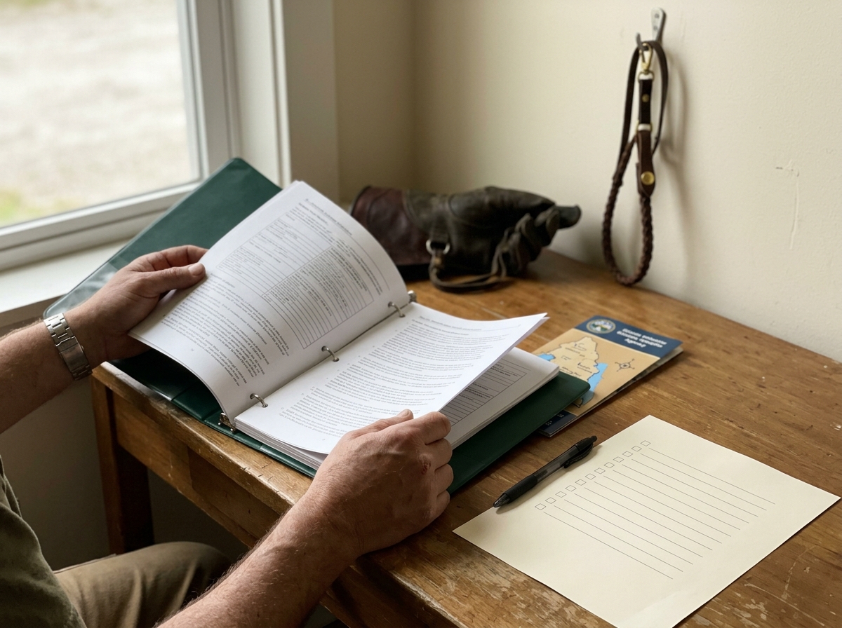 Falconry paperwork and regulations packet laid out with supplies