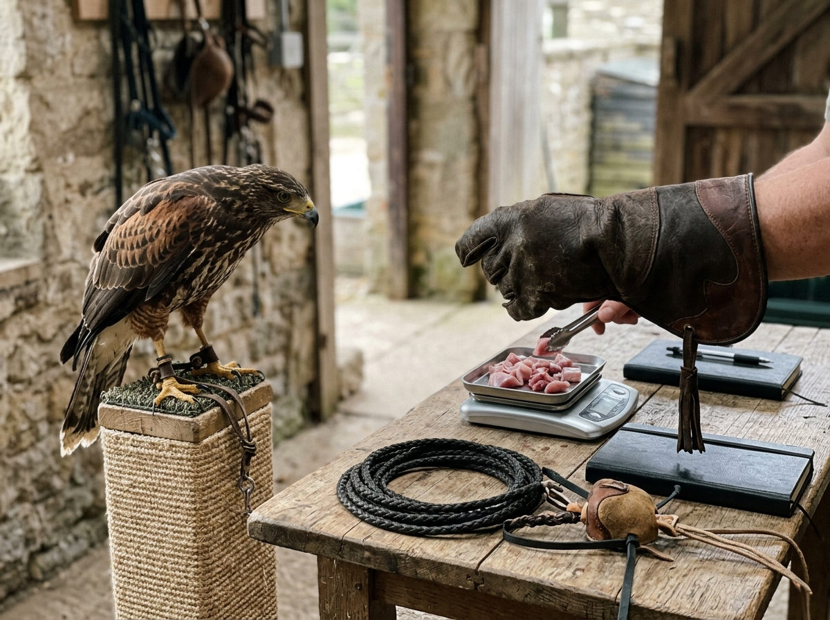 Raptor focused on bait while handler measures food for training