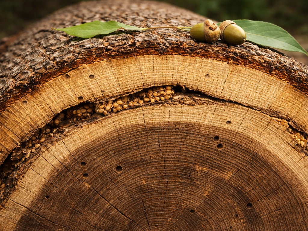 Close-up of a layered tree cross-section showing bark, wood layers, and fruit/seed pods as feeding zones.