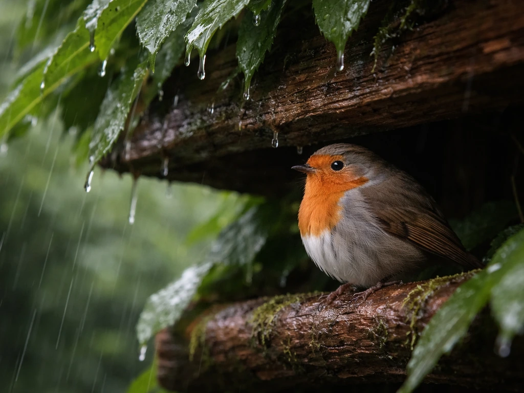 Small bird sheltered under dense overhang during rain, rain streaks visible in natural light.