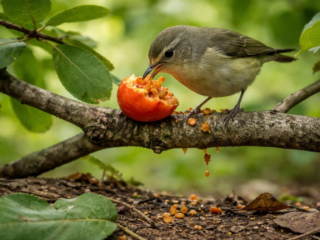 Small bird pecking fruit on a tree branch with fruit pieces and droppings below to imply seed dispersal.