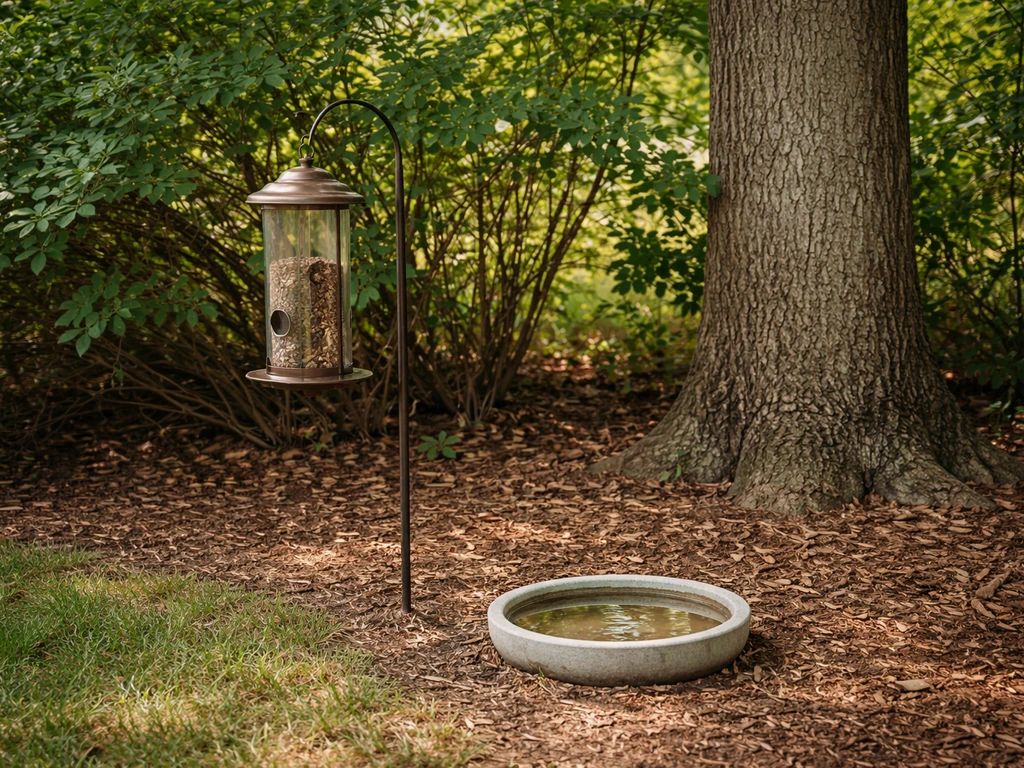 Backyard bird feeder and water dish near a tree with dense shrubs for quick escape cover.