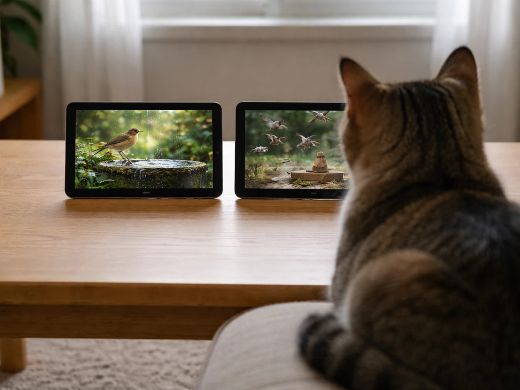 Anonymous cat watching two tablet screens with calm and fast bird video vibes side by side.