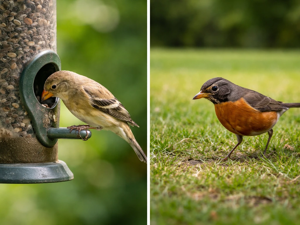 Split-scene photo: small finch at a feeder vs robin foraging on grass, different motion and framing.