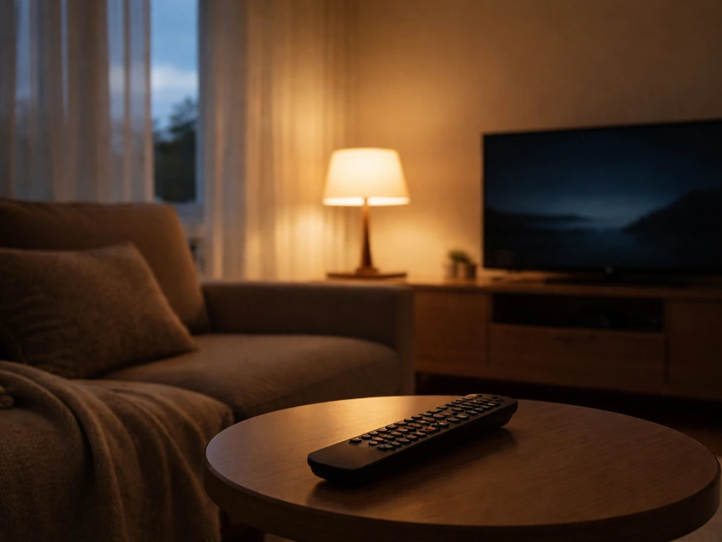 Living room at dusk with warm lamp and curtains, TV set dimmed, and a low-volume remote on a side table.