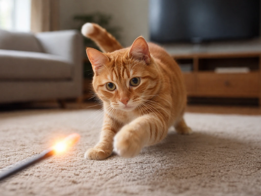 Orange tabby cat redirected from a screen, swiping at an interactive wand toy in a quiet room.