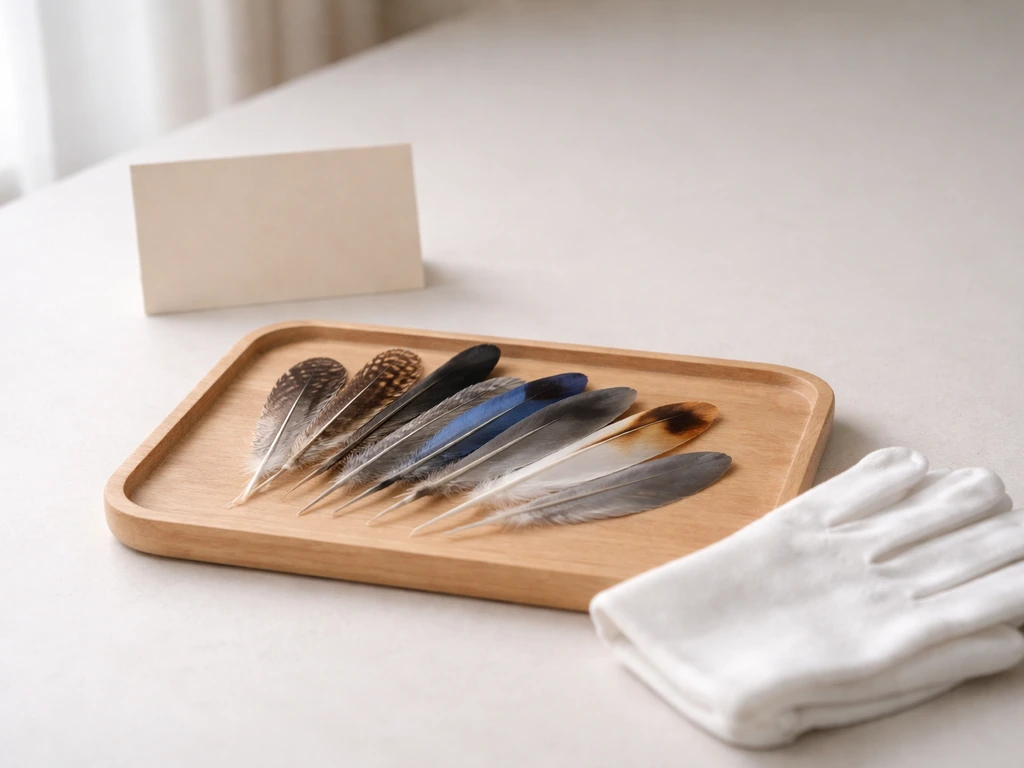 Neatly arranged bird feathers on a clean tray with a subtle safe storage guide card in the background.