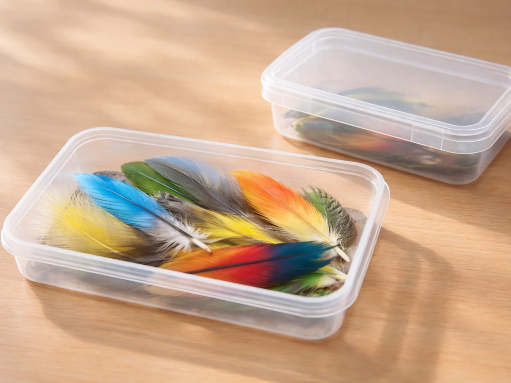 Assorted small bird feathers in a simple open tray and a covered container, showing safe everyday pet sources