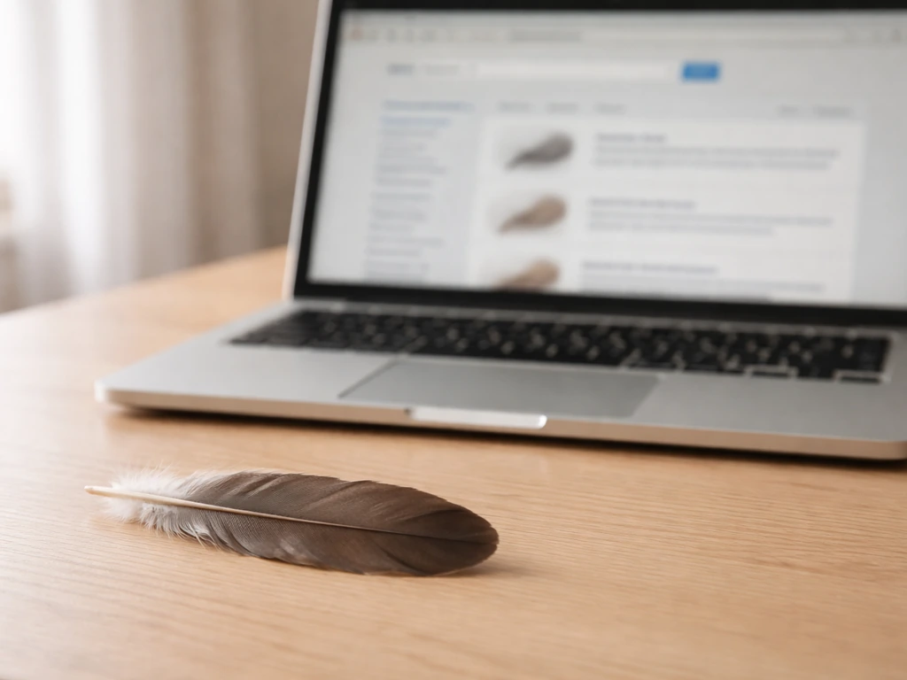 Close-up of a single feather on a desk beside a laptop showing a blurred Feather Atlas-style search page