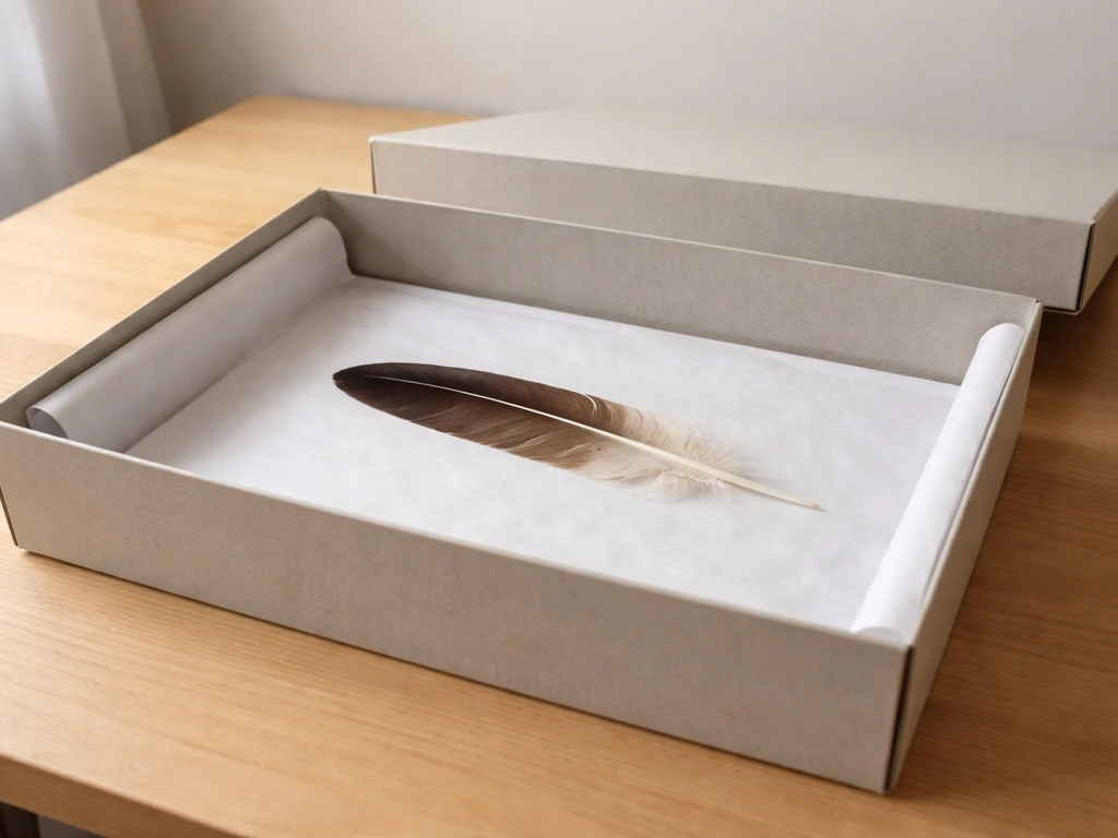 Feathers stored flat in acid-free tissue inside a lidded archival box in a dry, clean room.