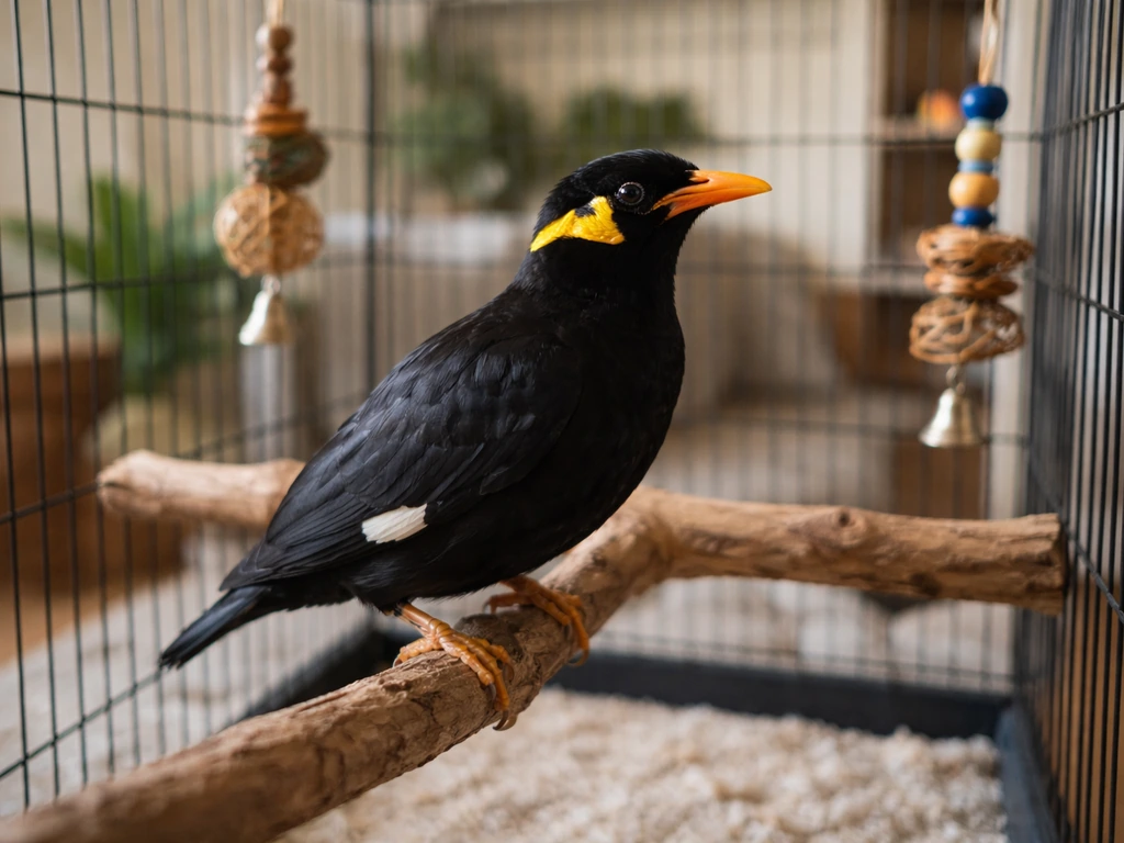 Hill myna perched comfortably in a tidy, spacious indoor cage with perches and simple toys.