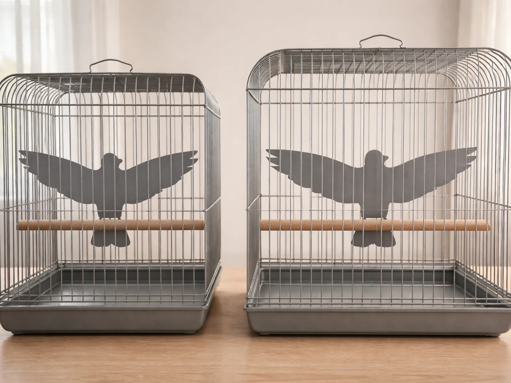 Two empty metal cages side by side, showing one too-small for a myna and one better fitted by wingspan.