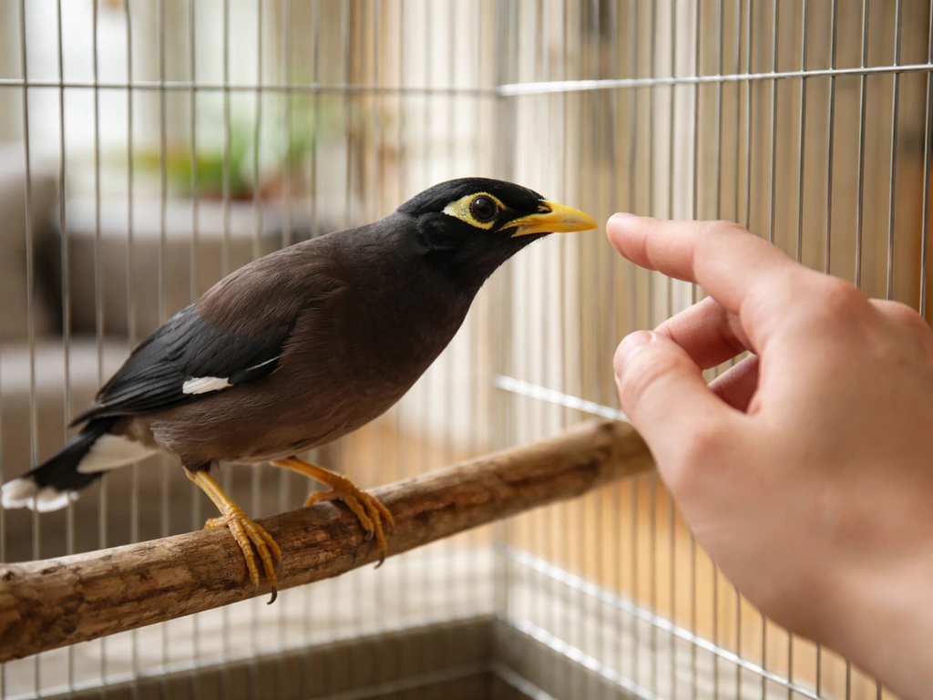 Calm myna perched close to a person’s steady hand in a simple home room with soft natural light.