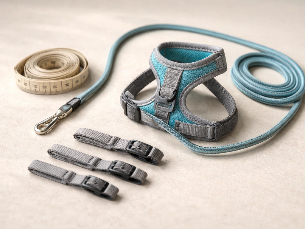 Escape-proof bird harness and leash laid out on a table with a measuring tape for fit sizing.