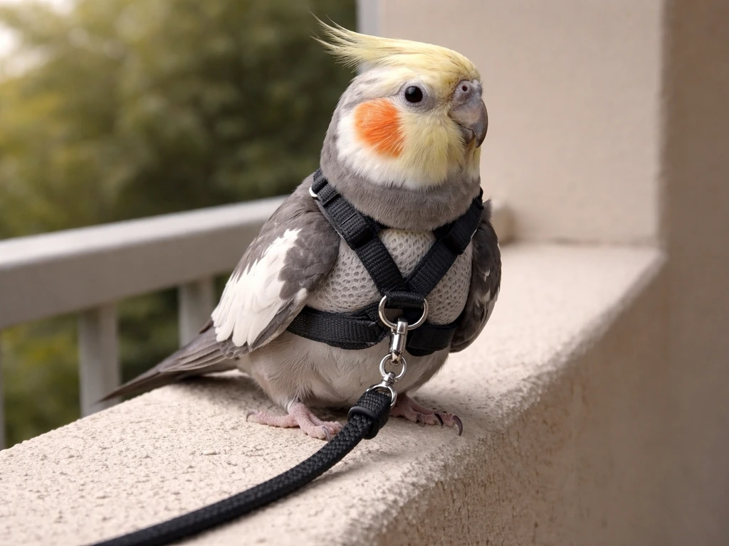 Close view of a small bird wearing a fitted safety harness with a leash trailing on a quiet balcony floor.